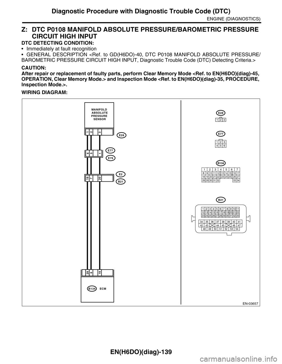 SUBARU TRIBECA 2009 1.G Service Workshop Manual EN(H6DO)(diag)-139
Diagnostic Procedure with Diagnostic Trouble Code (DTC)
ENGINE (DIAGNOSTICS)
Z: DTC P0108 MANIFOLD ABSOLUTE PRESSURE/BAROMETRIC PRESSURE 
CIRCUIT HIGH INPUT
DTC DETECTING CONDITION: