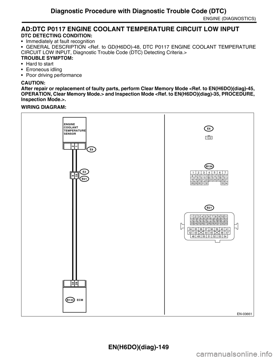 SUBARU TRIBECA 2009 1.G Service Workshop Manual EN(H6DO)(diag)-149
Diagnostic Procedure with Diagnostic Trouble Code (DTC)
ENGINE (DIAGNOSTICS)
AD:DTC P0117 ENGINE COOLANT TEMPERATURE CIRCUIT LOW INPUT
DTC DETECTING CONDITION:
•Immediately at fau