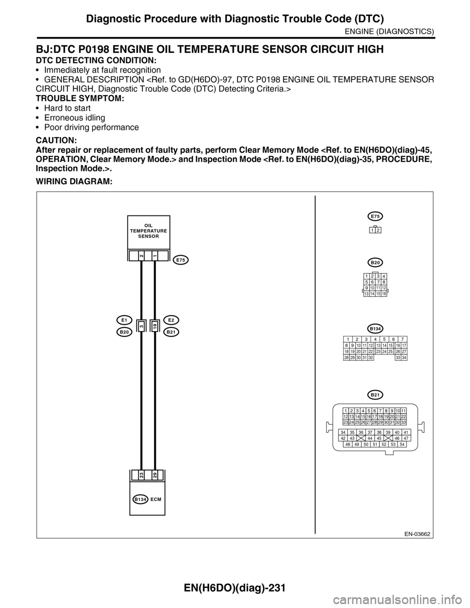 SUBARU TRIBECA 2009 1.G Service Workshop Manual EN(H6DO)(diag)-231
Diagnostic Procedure with Diagnostic Trouble Code (DTC)
ENGINE (DIAGNOSTICS)
BJ:DTC P0198 ENGINE OIL TEMPERATURE SENSOR CIRCUIT HIGH
DTC DETECTING CONDITION:
•Immediately at fault
