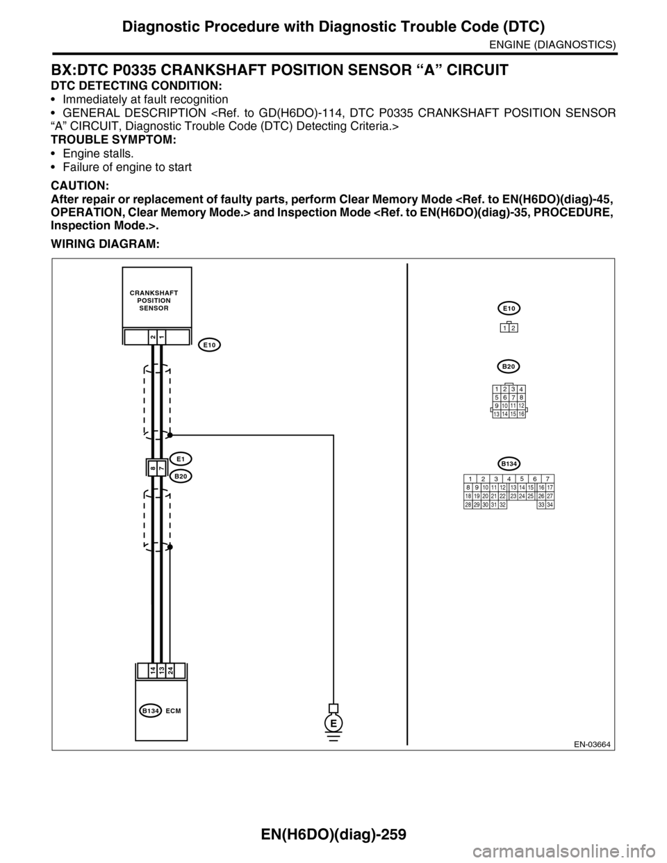 SUBARU TRIBECA 2009 1.G Service Workshop Manual EN(H6DO)(diag)-259
Diagnostic Procedure with Diagnostic Trouble Code (DTC)
ENGINE (DIAGNOSTICS)
BX:DTC P0335 CRANKSHAFT POSITION SENSOR “A” CIRCUIT
DTC DETECTING CONDITION:
•Immediately at fault