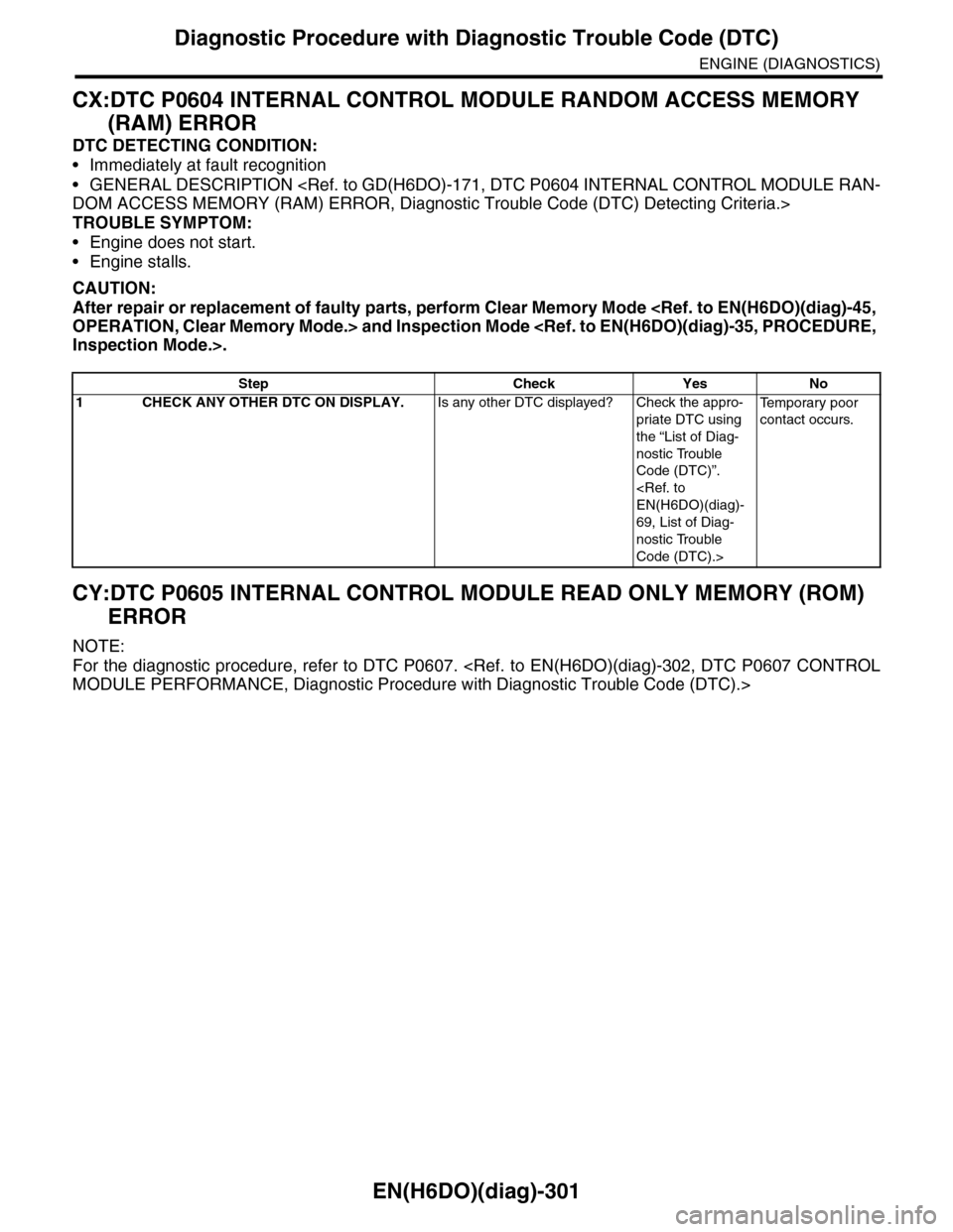 SUBARU TRIBECA 2009 1.G Service Workshop Manual EN(H6DO)(diag)-301
Diagnostic Procedure with Diagnostic Trouble Code (DTC)
ENGINE (DIAGNOSTICS)
CX:DTC P0604 INTERNAL CONTROL MODULE RANDOM ACCESS MEMORY 
(RAM) ERROR
DTC DETECTING CONDITION:
•Immed