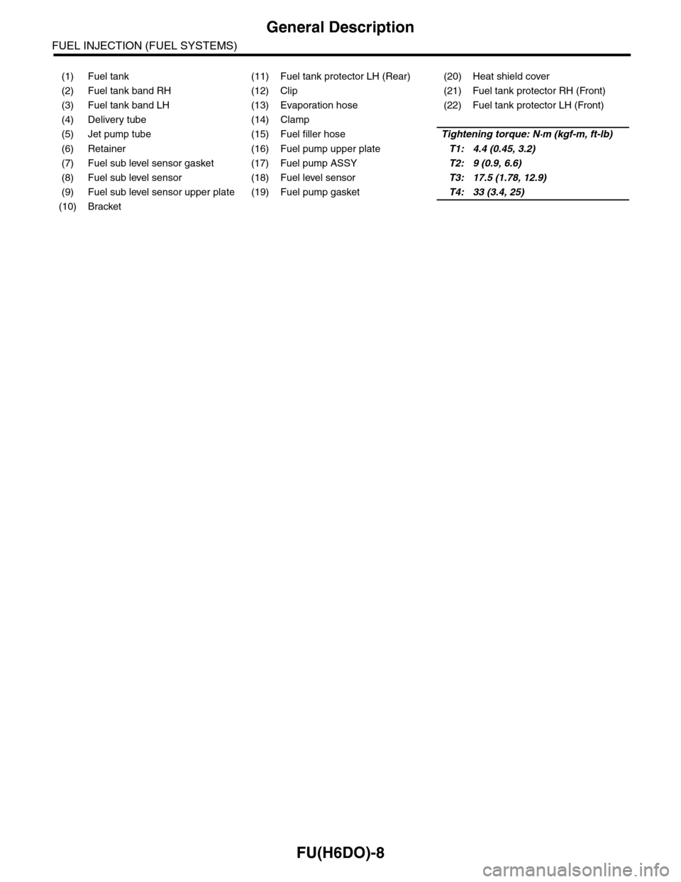 SUBARU TRIBECA 2009 1.G Service Workshop Manual FU(H6DO)-8
General Description
FUEL INJECTION (FUEL SYSTEMS)
(1) Fuel tank (11) Fuel tank protector LH (Rear) (20) Heat shield cover
(2) Fuel tank band RH (12) Clip (21) Fuel tank protector RH (Front)
