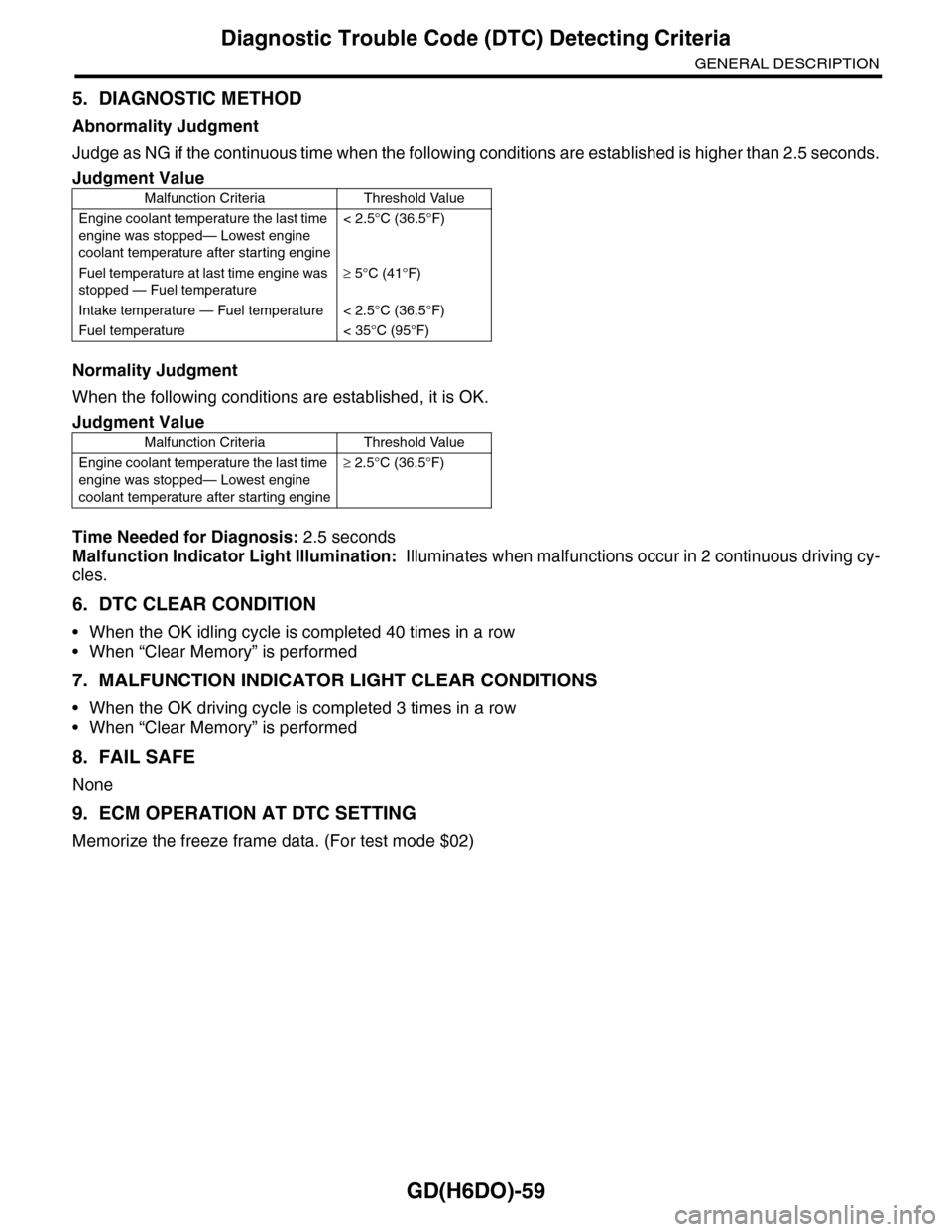 SUBARU TRIBECA 2009 1.G Service Workshop Manual GD(H6DO)-59
Diagnostic Trouble Code (DTC) Detecting Criteria
GENERAL DESCRIPTION
5. DIAGNOSTIC METHOD
Abnormality Judgment
Judge as NG if the continuous time when the following conditions are establis
