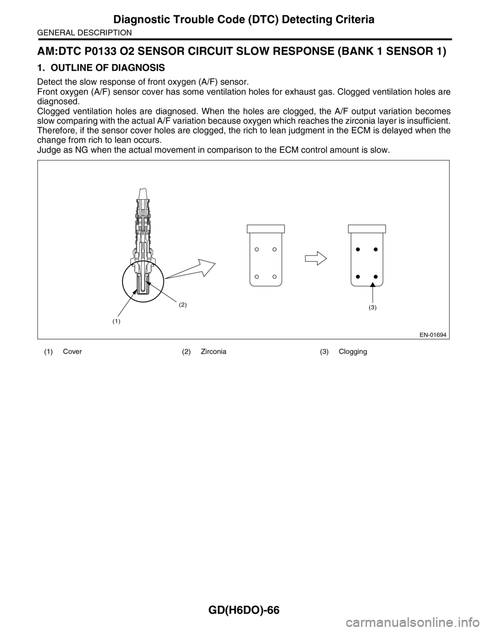 SUBARU TRIBECA 2009 1.G Service Workshop Manual GD(H6DO)-66
Diagnostic Trouble Code (DTC) Detecting Criteria
GENERAL DESCRIPTION
AM:DTC P0133 O2 SENSOR CIRCUIT SLOW RESPONSE (BANK 1 SENSOR 1)
1. OUTLINE OF DIAGNOSIS
Detect the slow response of fron