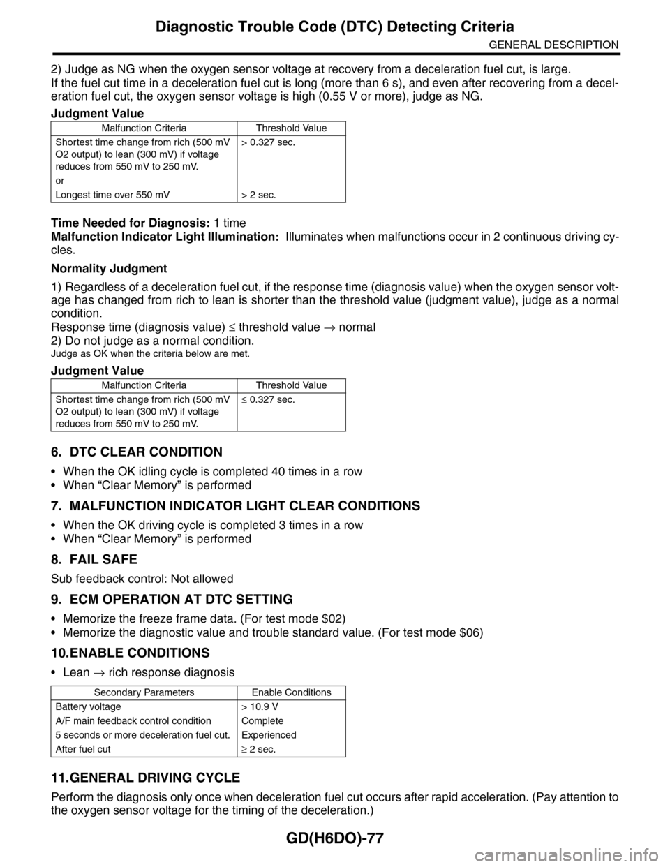 SUBARU TRIBECA 2009 1.G Service Workshop Manual GD(H6DO)-77
Diagnostic Trouble Code (DTC) Detecting Criteria
GENERAL DESCRIPTION
2) Judge as NG when the oxygen sensor voltage at recovery from a deceleration fuel cut, is large.
If the fuel cut time SUBARU TRIBECA 2009 1.G Service Workshop Manual GD(H6DO)-77
Diagnostic Trouble Code (DTC) Detecting Criteria
GENERAL DESCRIPTION
2) Judge as NG when the oxygen sensor voltage at recovery from a deceleration fuel cut, is large.
If the fuel cut time