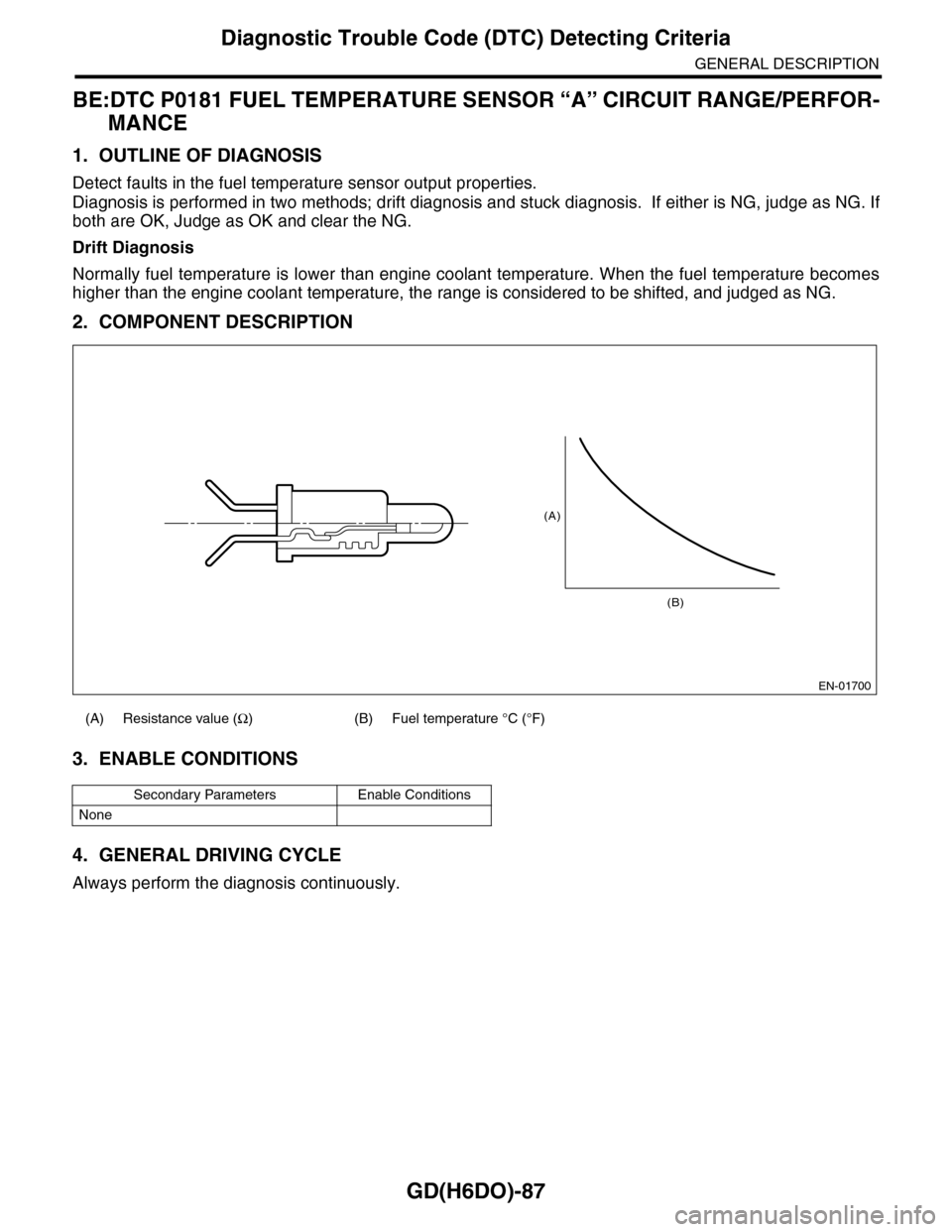 SUBARU TRIBECA 2009 1.G Service Workshop Manual GD(H6DO)-87
Diagnostic Trouble Code (DTC) Detecting Criteria
GENERAL DESCRIPTION
BE:DTC P0181 FUEL TEMPERATURE SENSOR “A” CIRCUIT RANGE/PERFOR-
MANCE
1. OUTLINE OF DIAGNOSIS
Detect faults in the f
