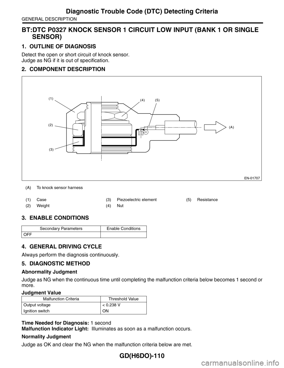 SUBARU TRIBECA 2009 1.G Service Workshop Manual GD(H6DO)-110
Diagnostic Trouble Code (DTC) Detecting Criteria
GENERAL DESCRIPTION
BT:DTC P0327 KNOCK SENSOR 1 CIRCUIT LOW INPUT (BANK 1 OR SINGLE 
SENSOR)
1. OUTLINE OF DIAGNOSIS
Detect the open or sh