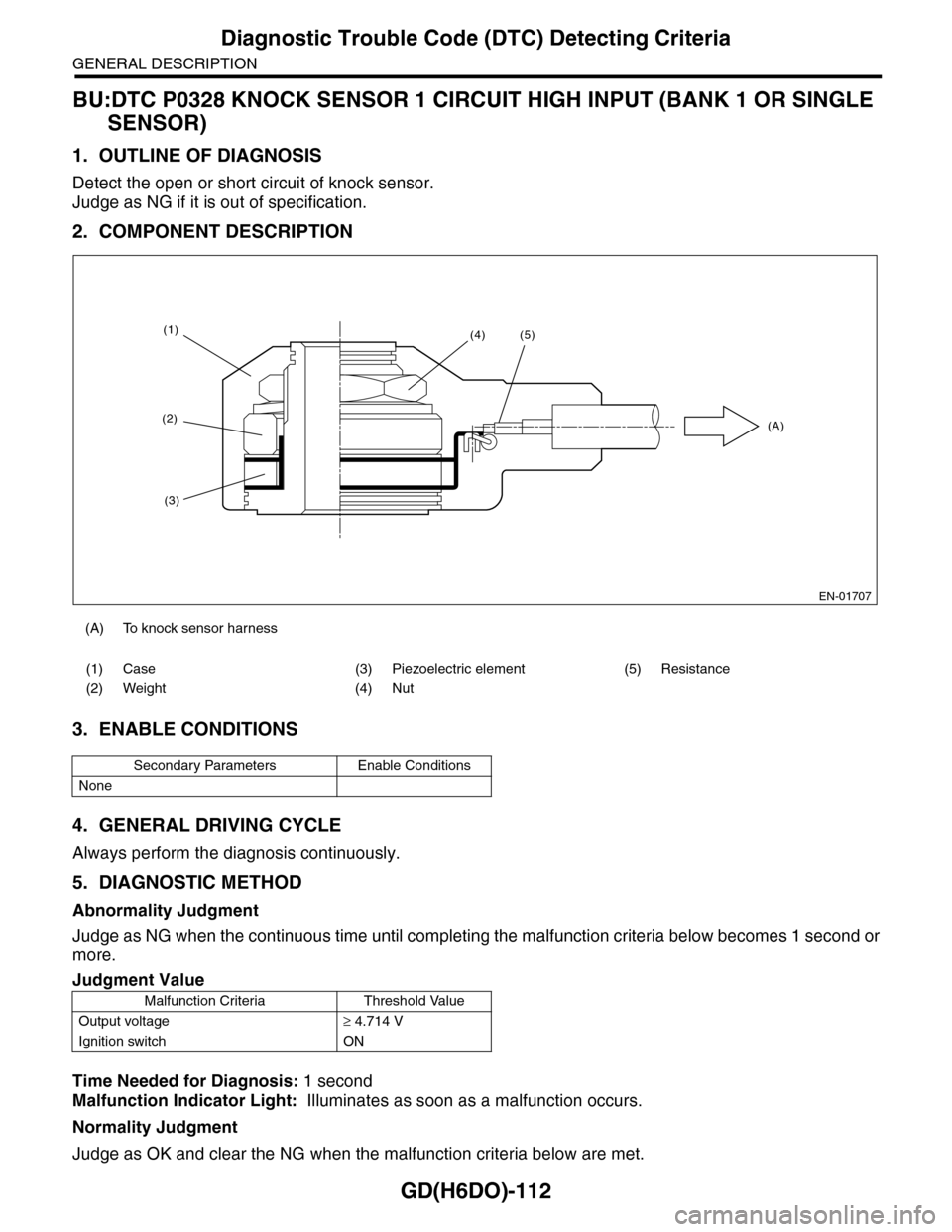 SUBARU TRIBECA 2009 1.G Service Workshop Manual GD(H6DO)-112
Diagnostic Trouble Code (DTC) Detecting Criteria
GENERAL DESCRIPTION
BU:DTC P0328 KNOCK SENSOR 1 CIRCUIT HIGH INPUT (BANK 1 OR SINGLE 
SENSOR)
1. OUTLINE OF DIAGNOSIS
Detect the open or s