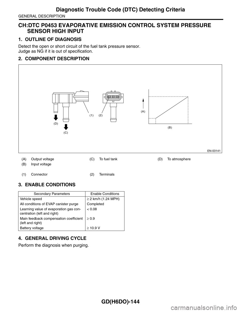 SUBARU TRIBECA 2009 1.G Service Workshop Manual GD(H6DO)-144
Diagnostic Trouble Code (DTC) Detecting Criteria
GENERAL DESCRIPTION
CH:DTC P0453 EVAPORATIVE EMISSION CONTROL SYSTEM PRESSURE 
SENSOR HIGH INPUT
1. OUTLINE OF DIAGNOSIS
Detect the open o