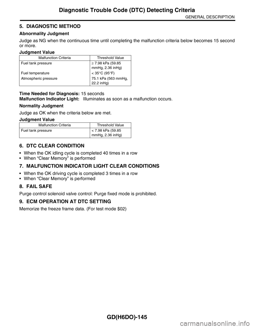 SUBARU TRIBECA 2009 1.G Service Workshop Manual GD(H6DO)-145
Diagnostic Trouble Code (DTC) Detecting Criteria
GENERAL DESCRIPTION
5. DIAGNOSTIC METHOD
Abnormality Judgment
Judge as NG when the continuous time until completing the malfunction criter SUBARU TRIBECA 2009 1.G Service Workshop Manual GD(H6DO)-145
Diagnostic Trouble Code (DTC) Detecting Criteria
GENERAL DESCRIPTION
5. DIAGNOSTIC METHOD
Abnormality Judgment
Judge as NG when the continuous time until completing the malfunction criter