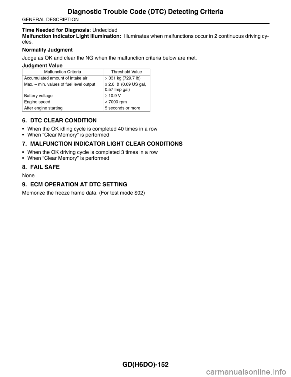 SUBARU TRIBECA 2009 1.G Service Workshop Manual GD(H6DO)-152
Diagnostic Trouble Code (DTC) Detecting Criteria
GENERAL DESCRIPTION
Time Needed for Diagnosis: Undecided
Malfunction Indicator Light Illumination:  Illuminates when malfunctions occur in