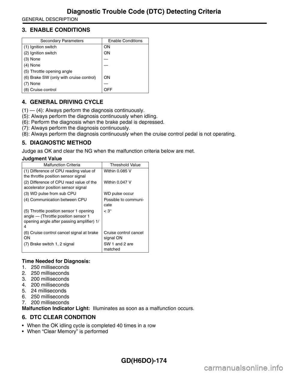 SUBARU TRIBECA 2009 1.G Service Workshop Manual GD(H6DO)-174
Diagnostic Trouble Code (DTC) Detecting Criteria
GENERAL DESCRIPTION
3. ENABLE CONDITIONS
4. GENERAL DRIVING CYCLE
(1) — (4): Always perform the diagnosis continuously.
(5): Always perf