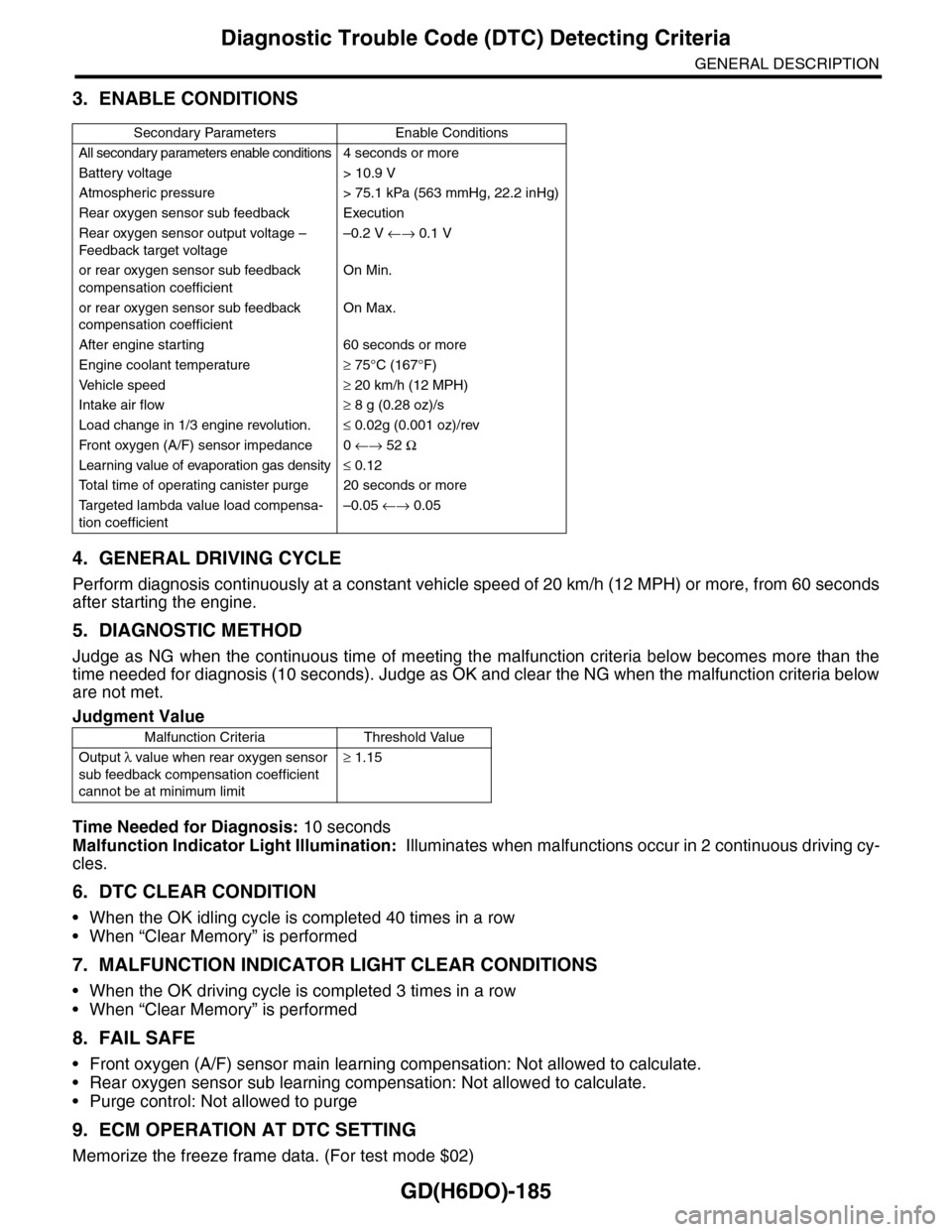 SUBARU TRIBECA 2009 1.G Service Workshop Manual GD(H6DO)-185
Diagnostic Trouble Code (DTC) Detecting Criteria
GENERAL DESCRIPTION
3. ENABLE CONDITIONS
4. GENERAL DRIVING CYCLE
Perform diagnosis continuously at a constant vehicle speed of 20 km/h (1