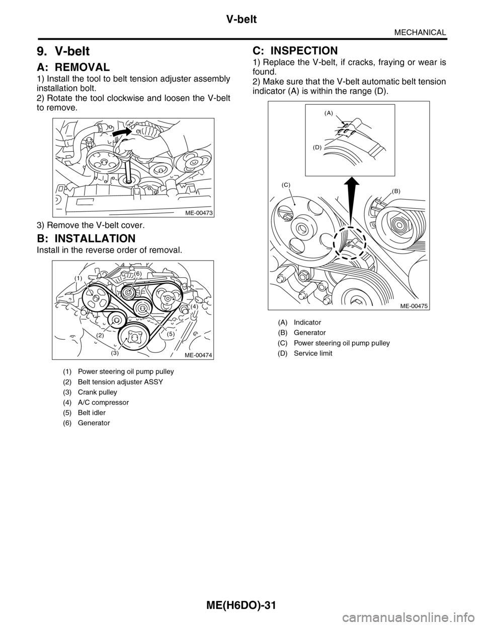 SUBARU TRIBECA 2009 1.G Service Workshop Manual ME(H6DO)-31
V-belt
MECHANICAL
9. V-belt
A: REMOVAL
1) Install the tool to belt tension adjuster assembly
installation bolt.
2) Rotate the  tool clockwise and loosen the  V-belt
to remove.
3) Remove th