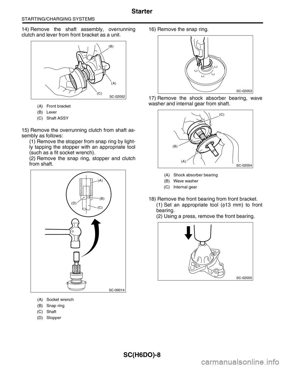 SUBARU TRIBECA 2009 1.G Service Workshop Manual SC(H6DO)-8
Starter
STARTING/CHARGING SYSTEMS
14) Remove  the  shaft  assembly,  overrunning
clutch and lever from front bracket as a unit.
15) Remove  the  overrunning  clutch  from  shaft  as-
sembly