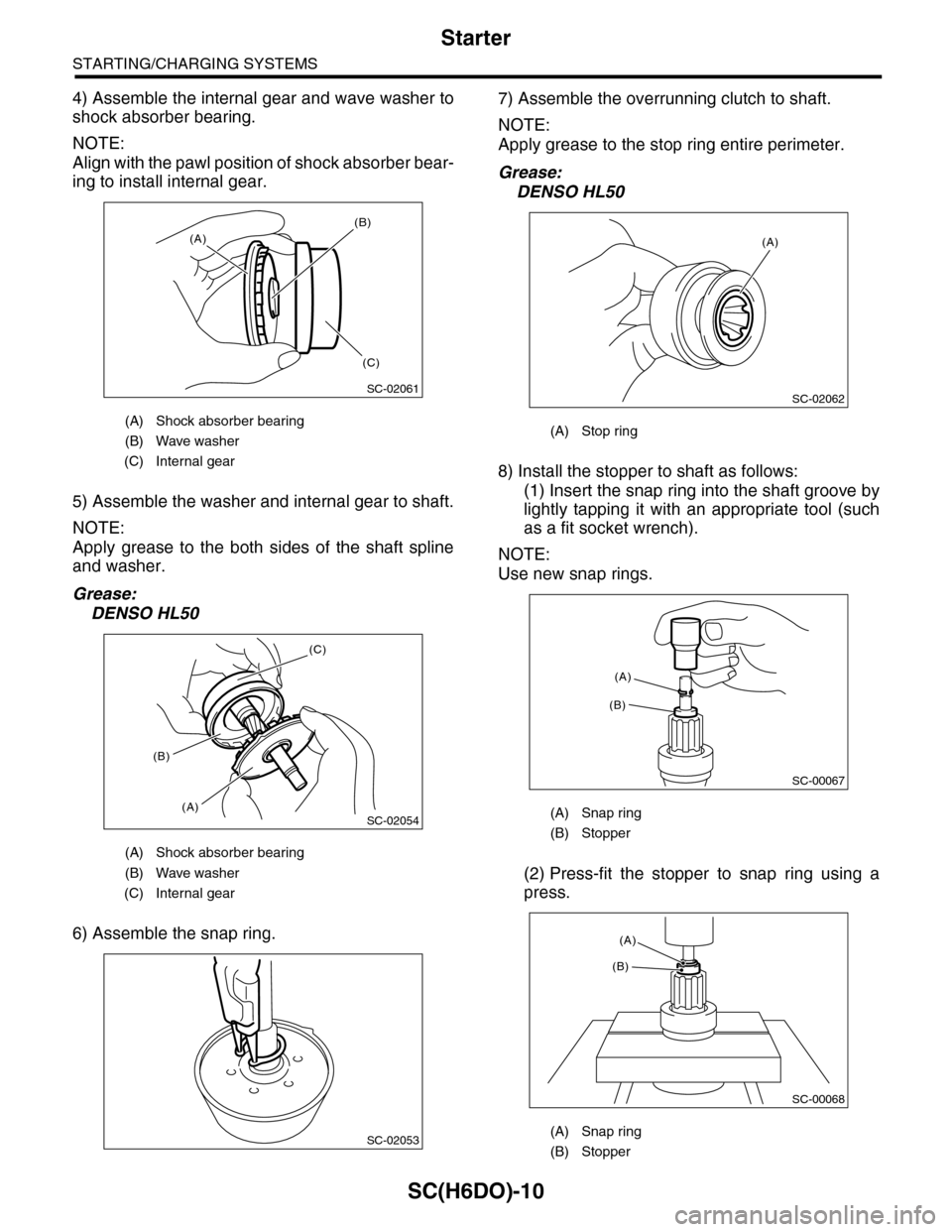 SUBARU TRIBECA 2009 1.G Service Workshop Manual SC(H6DO)-10
Starter
STARTING/CHARGING SYSTEMS
4) Assemble the internal gear and wave washer to
shock absorber bearing.
NOTE:
Align with the pawl position of shock absorber bear-
ing to install interna