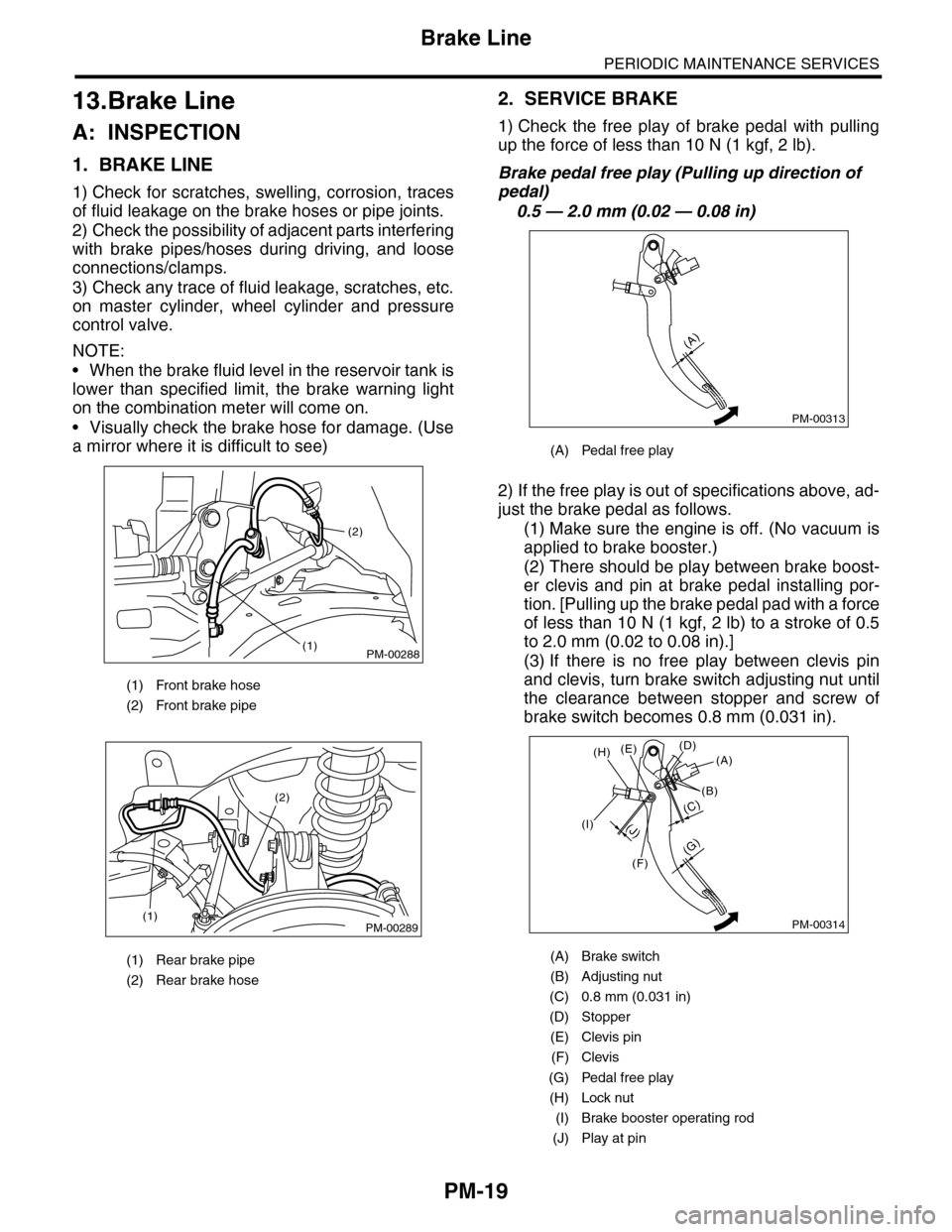 SUBARU TRIBECA 2009 1.G Service Workshop Manual PM-19
Brake Line
PERIODIC MAINTENANCE SERVICES
13.Brake Line
A: INSPECTION
1. BRAKE LINE
1) Check for scratches, swelling, corrosion, traces
of fluid leakage on the brake hoses or pipe joints.
2) Chec