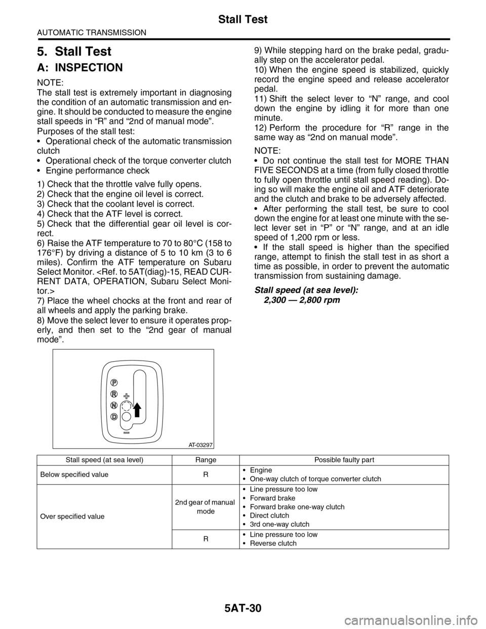 SUBARU TRIBECA 2009 1.G Service Workshop Manual 5AT-30
Stall Test
AUTOMATIC TRANSMISSION
5. Stall Test
A: INSPECTION
NOTE:
The stall test is extremely important in diagnosing
the condition of an automatic transmission and en-
gine. It should SUBARU TRIBECA 2009 1.G Service Workshop Manual 5AT-30
Stall Test
AUTOMATIC TRANSMISSION
5. Stall Test
A: INSPECTION
NOTE:
The stall test is extremely important in diagnosing
the condition of an automatic transmission and en-
gine. It should