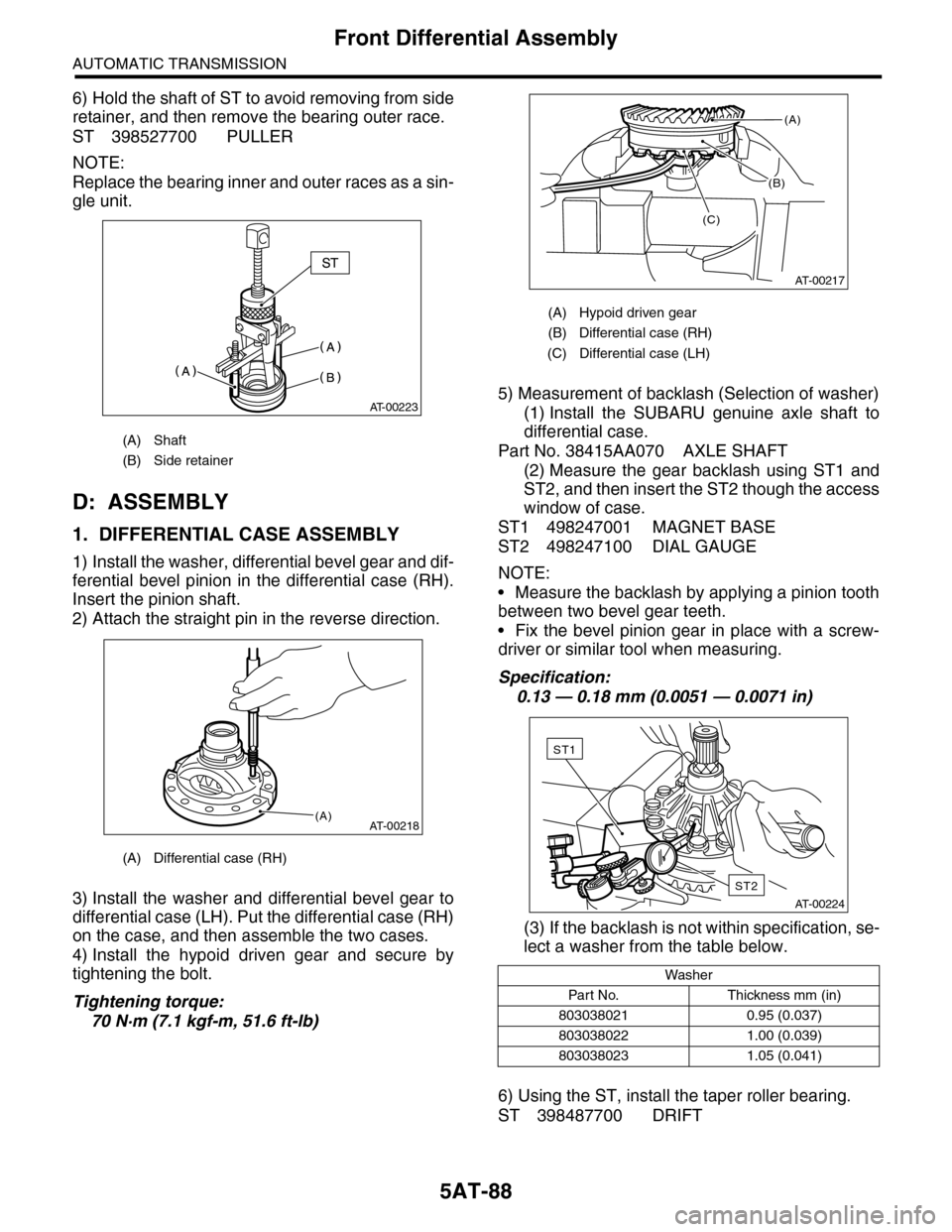 SUBARU TRIBECA 2009 1.G Service Workshop Manual 5AT-88
Front Differential Assembly
AUTOMATIC TRANSMISSION
6) Hold the shaft of ST to avoid removing from side
retainer, and then remove the bearing outer race.
ST 398527700 PULLER 
NOTE:
Replace the b