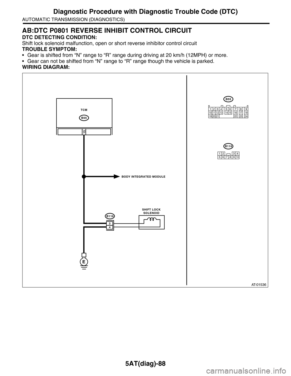 SUBARU TRIBECA 2009 1.G Service Workshop Manual 5AT(diag)-88
Diagnostic Procedure with Diagnostic Trouble Code (DTC)
AUTOMATIC TRANSMISSION (DIAGNOSTICS)
AB:DTC P0801 REVERSE INHIBIT CONTROL CIRCUIT
DTC DETECTING CONDITION:
Shift lock solenoid malf