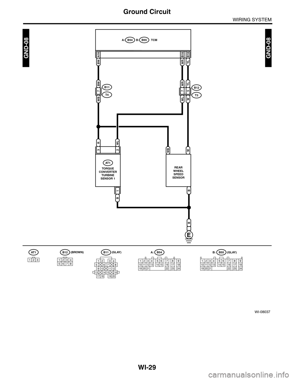 SUBARU TRIBECA 2009 1.G Service Workshop Manual WI-29
Ground Circuit
WIRING SYSTEM
WI-08037
GND-08GND-08
(GLAY)B11
125678
131415169101112
34
17181920
BW A16
B12
T3
WB
5
YL
7
WR
YLWR
WWL
B18B16
B55B54A: B:TCM
B
B
B
W
REARWHEELSPEEDSENSOR
TORQUECONVE
