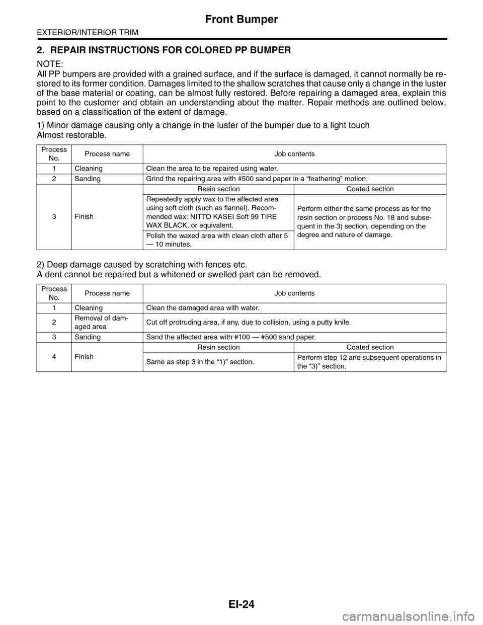 SUBARU TRIBECA 2009 1.G Service Workshop Manual EI-24
Front Bumper
EXTERIOR/INTERIOR TRIM
2. REPAIR INSTRUCTIONS FOR COLORED PP BUMPER
NOTE:
All PP bumpers are provided with a grained surface, and if the surface is damaged, it cannot normally be re