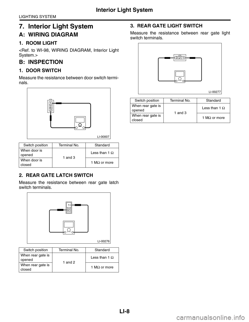 SUBARU TRIBECA 2009 1.G Service Workshop Manual LI-8
Interior Light System
LIGHTING SYSTEM
7. Interior Light System
A: WIRING DIAGRAM
1. ROOM LIGHT
<Ref.  to  WI-98,  WIRING  DIAGRAM,  Interior  Light
System.>
B: INSPECTION
1. DOOR SWITCH
Measure t