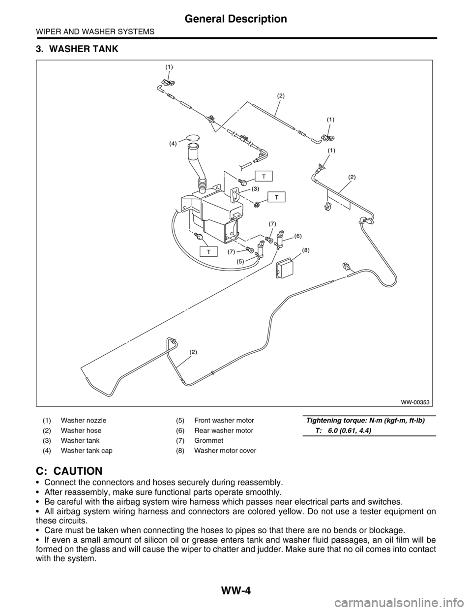 SUBARU TRIBECA 2009 1.G Service Workshop Manual WW-4
General Description
WIPER AND WASHER SYSTEMS
3. WASHER TANK
C: CAUTION
•Connect the connectors and hoses securely during reassembly.
•After reassembly, make sure functional parts operate smoo