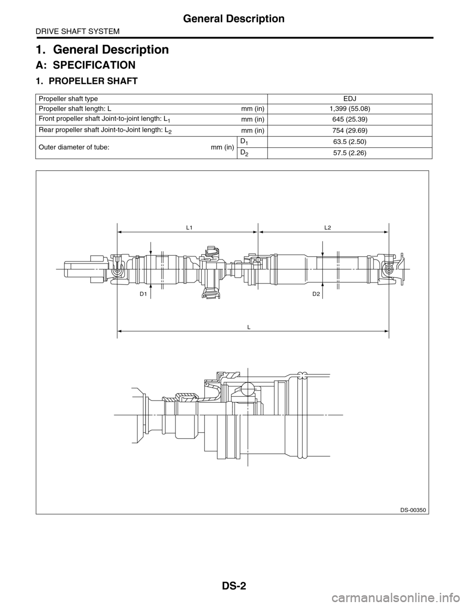 SUBARU TRIBECA 2009 1.G Service Workshop Manual DS-2
General Description
DRIVE SHAFT SYSTEM
1. General Description
A: SPECIFICATION
1. PROPELLER SHAFT
Propeller shaft typeEDJ
Propeller shaft length: L mm (in) 1,399 (55.08)
Fr o nt   p r op el l er 