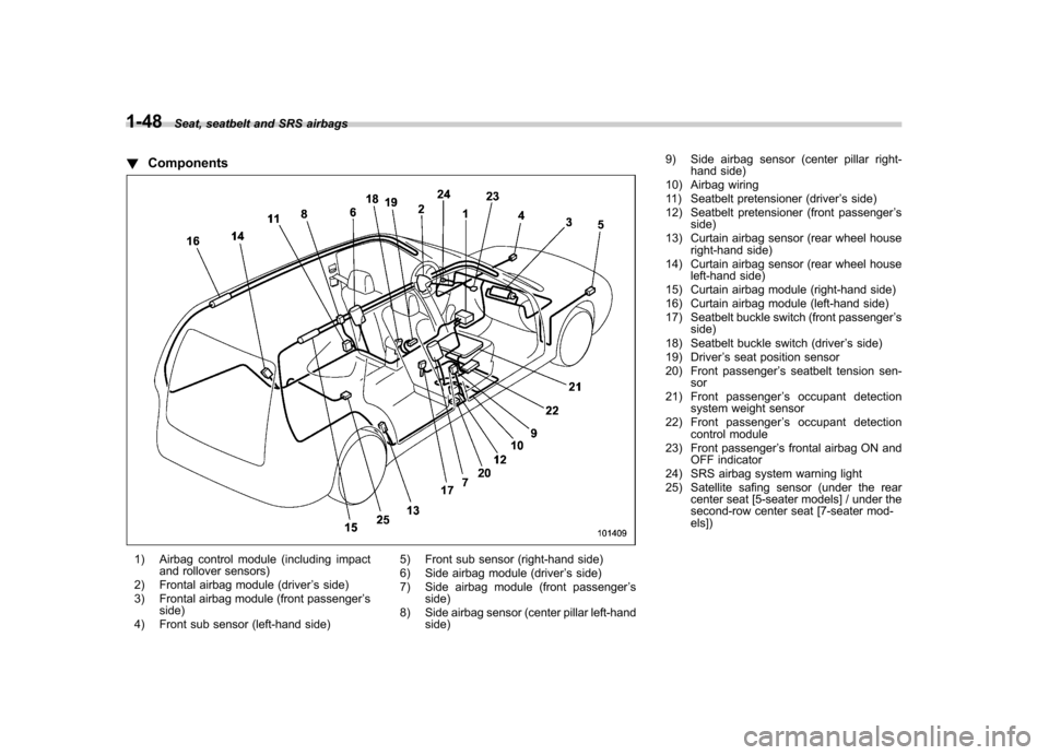 SUBARU TRIBECA 2010 1.G Owners Manual 1-48Seat, seatbelt and SRS airbags
! Components
1) Airbag control module (including impact
and rollover sensors)
2) Frontal airbag module (driver ’s side)
3) Frontal airbag module (front passenger 