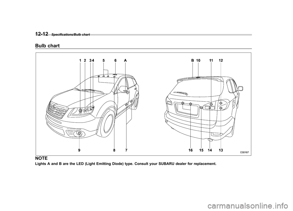 SUBARU TRIBECA 2013 1.G Owners Manual 12-12Specifications/Bulb chart
Bulb chart
NOTE 
Lights A and B are the LED (Light Emitting Diode) type. Consult your SUBARU dealer for replacement.  