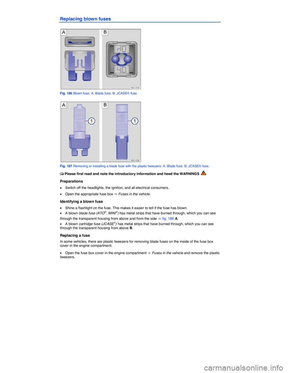 VOLKSWAGEN GOLF PLUS 2015  Owner´s Manual  
Replacing blown fuses 
 
Fig. 186 Blown fuse: A: Blade fuse. B: JCASE® fuse. 
 
Fig. 187 Removing or installing a blade fuse with the plastic tweezers: A: Blade fuse. B: JCASE® fuse. 
�