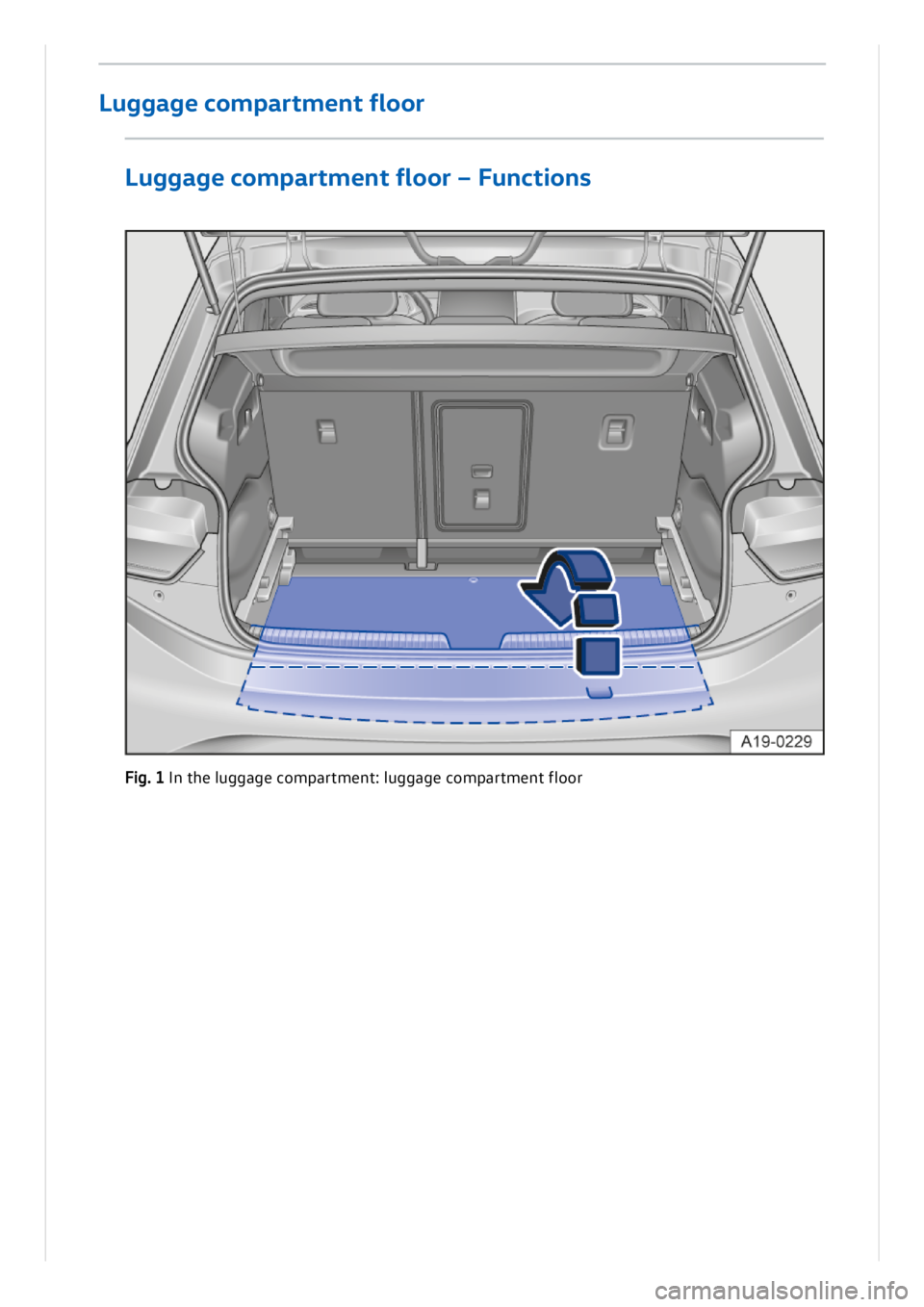 VOLKSWAGEN ID.3 2020  Owner´s Manual Fig . 1 I n  t h e l u g gag e c o m part m en t: l u g gag e c o m part m en t f lo or
L u g gag e c o m part m ent  f lo o r
Lu g gag e c o m part m ent  f lo o r –  F u nc tio ns 