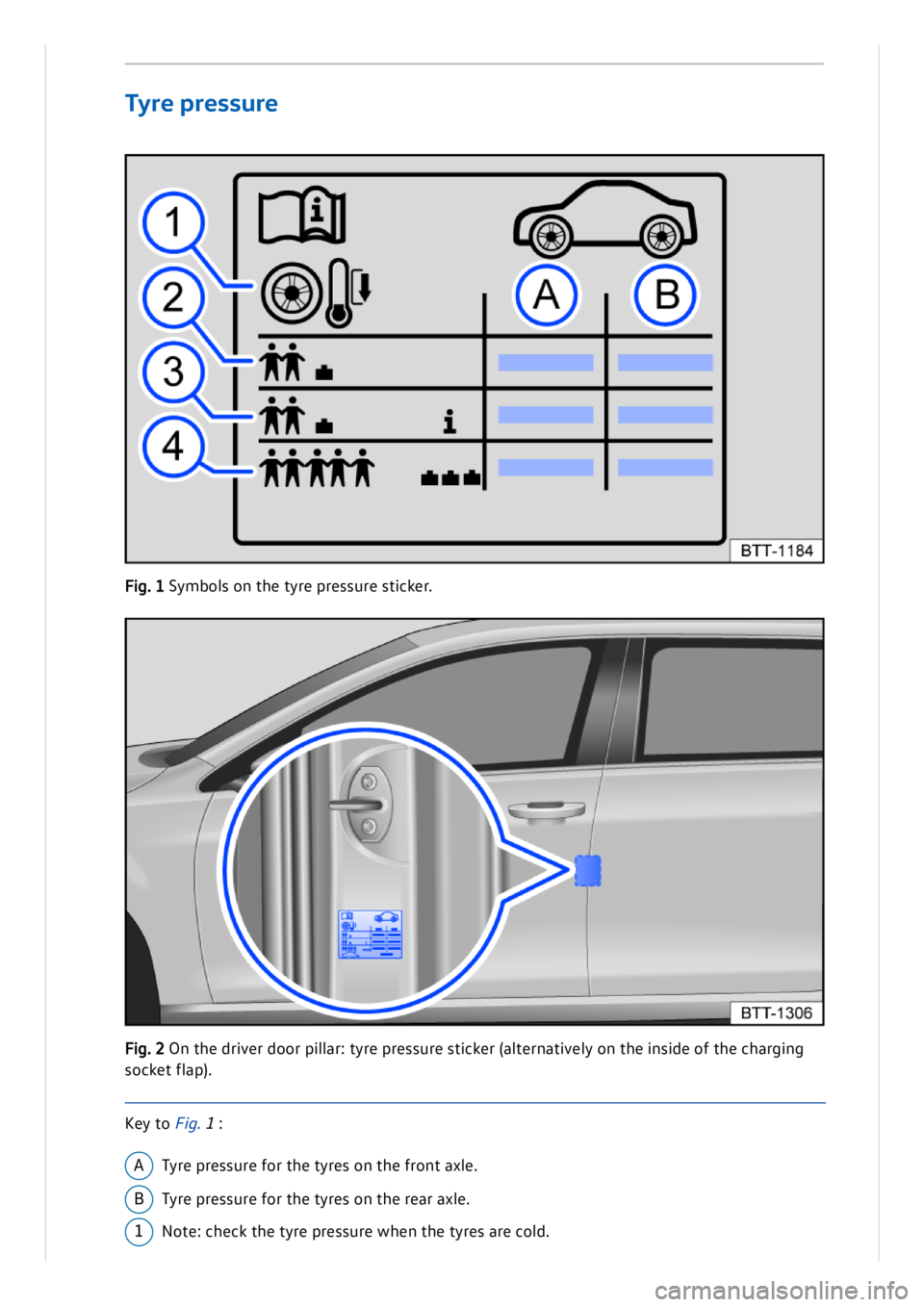 VOLKSWAGEN ID.3 2020  Owner´s Manual Fig . 1 S ym bols  o n  t h e t y re  p re ssu re  s tic ke r.
F ig . 2 O n t h e d riv e r d oor p il la r: t y re  p re ssu re  s tic ke r (a lt e rn ativ e ly  o n  t h e in sid e o f t h e c h