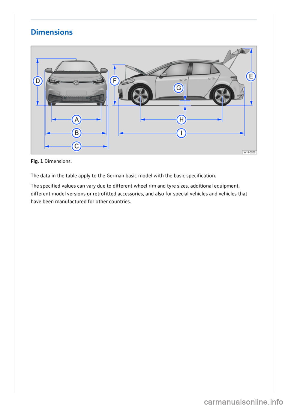 VOLKSWAGEN ID.3 2020  Owner´s Manual Th e d ata  in  t h e t a b le  a p ply  t o  t h e Ge rm an  b asic  m od el w it h  t h e b asic  s p ecif ic a tio n .
Th e s p ecif ie d  v a lu es c a n  v a ry  d ue t o  d if fe re n t w heel r
