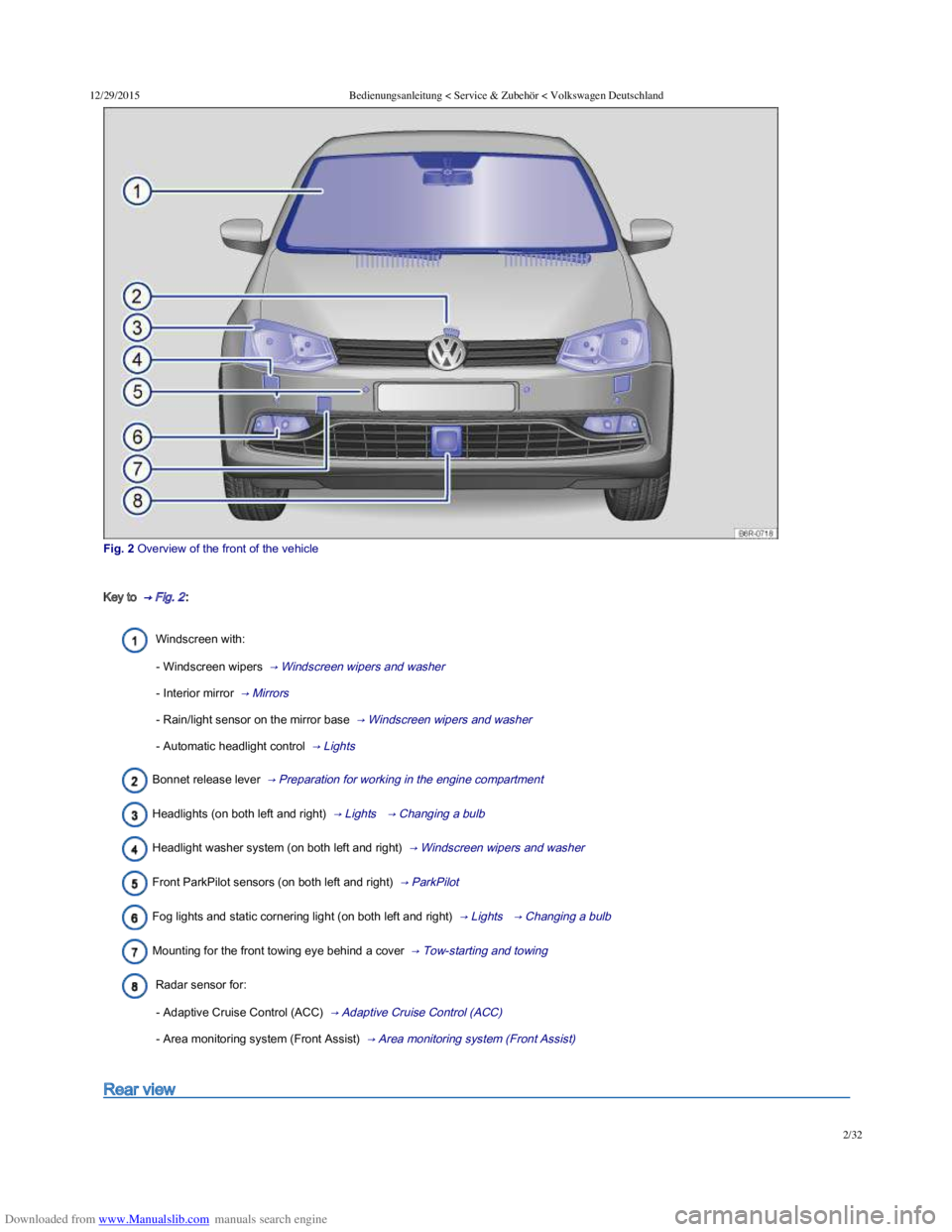 VOLKSWAGEN POLO 2015  Owner´s Manual Downloaded from www.Manualslib.com manuals search engine 12/29/2015Bedienungsanleitung < Service & Zubehör < Volkswagen Deutschland
2/32
Fig. 2 Overview of the front of the vehicle
Key to  