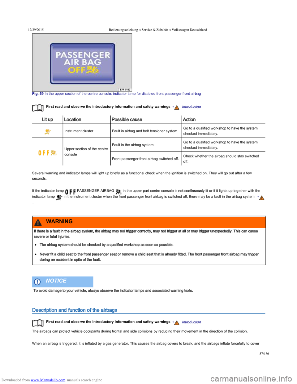 VOLKSWAGEN POLO 2015  Owner´s Manual Downloaded from www.Manualslib.com manuals search engine 12/29/2015Bedienungsanleitung < Service & Zubehör < Volkswagen Deutschland
57/136
Fig. 59 In the upper section of the centre console: