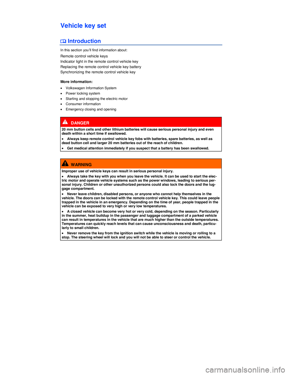 VOLKSWAGEN E-GOLF 2019  Owners Manual  
Vehicle key set 
�