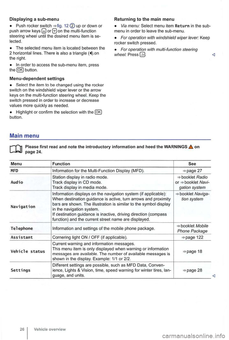 VOLKSWAGEN GOLF MK6 2012  Owners Manual Push rocker  switch 12 or down or push arrow on the multi-function 
steering Via menu: menu  item Return in  the  sub­
menu  in order  to 
For operation  with windshield  wiper lever:  Keep 
rocker  