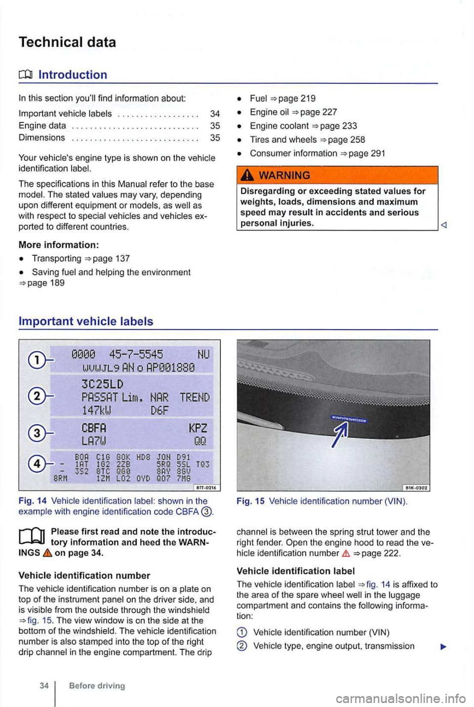 VOLKSWAGEN GOLF MK6 2012  Owners Manual Introduction 
137 
Saving  fuel and helping  the environment 
WVlJ J L9 
3C25LD 
Lirn 
147kW D6F 
352 BTC 
F ig . 14 Vehicle  identification shown  in  the 
example wit h  engine  identificalion  code