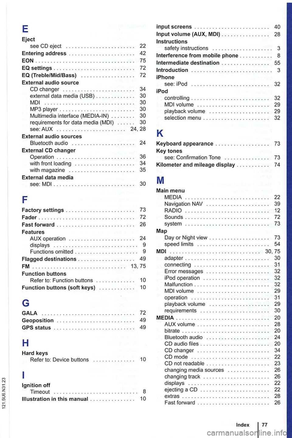 VOLKSWAGEN GOLF MK6 2012  Owners Manual E 
Eject see CD eject  . . . . . . .  . . . .  . . .  . . . . . 
................ ... ..............  75 
EQ settings . .  . . . .  . . .  . . .  . .  . . . . . . . .  . . . 72 EQ (Treble/Mid /Bass)  