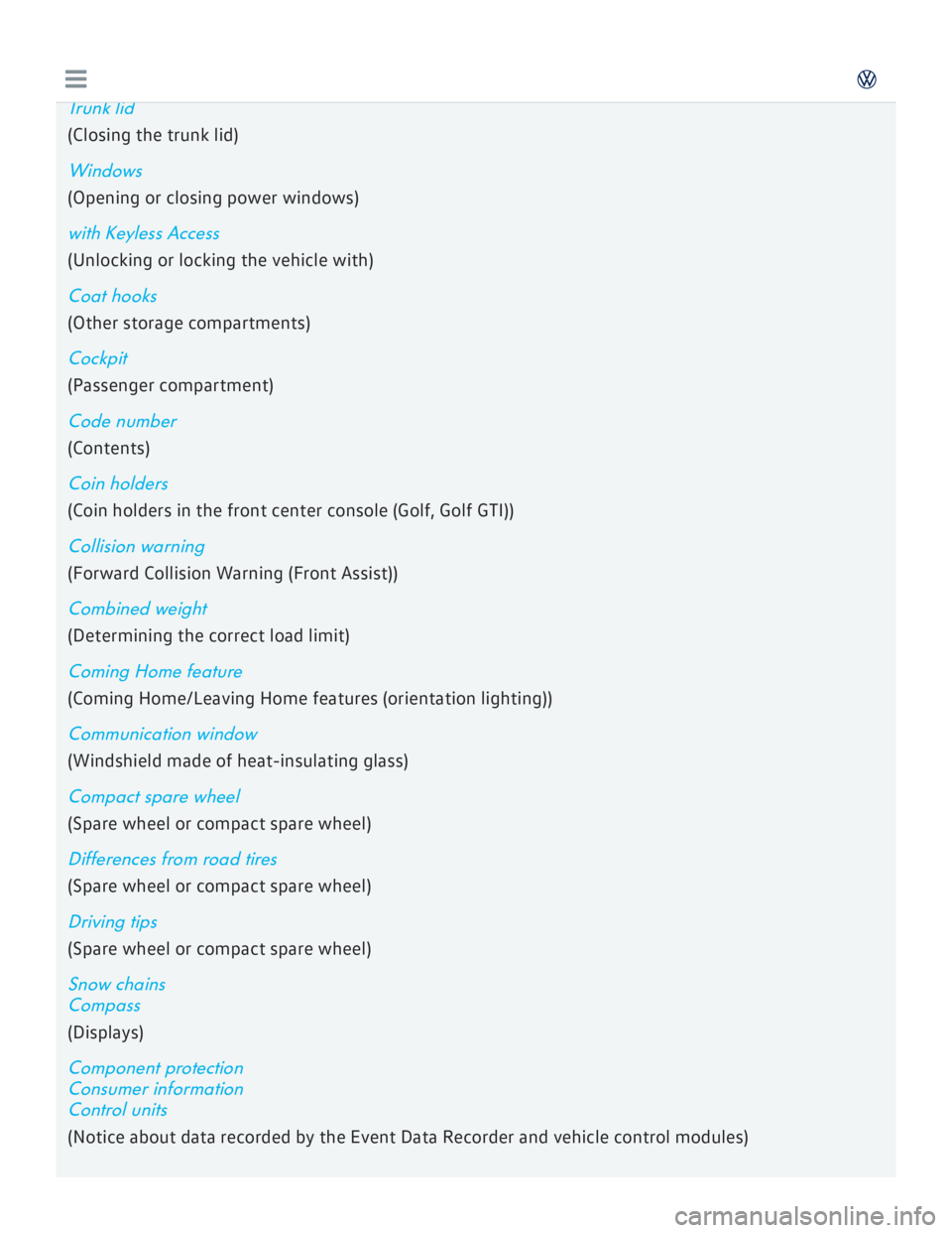 VOLKSWAGEN GOLF 2018  Owners Manual 