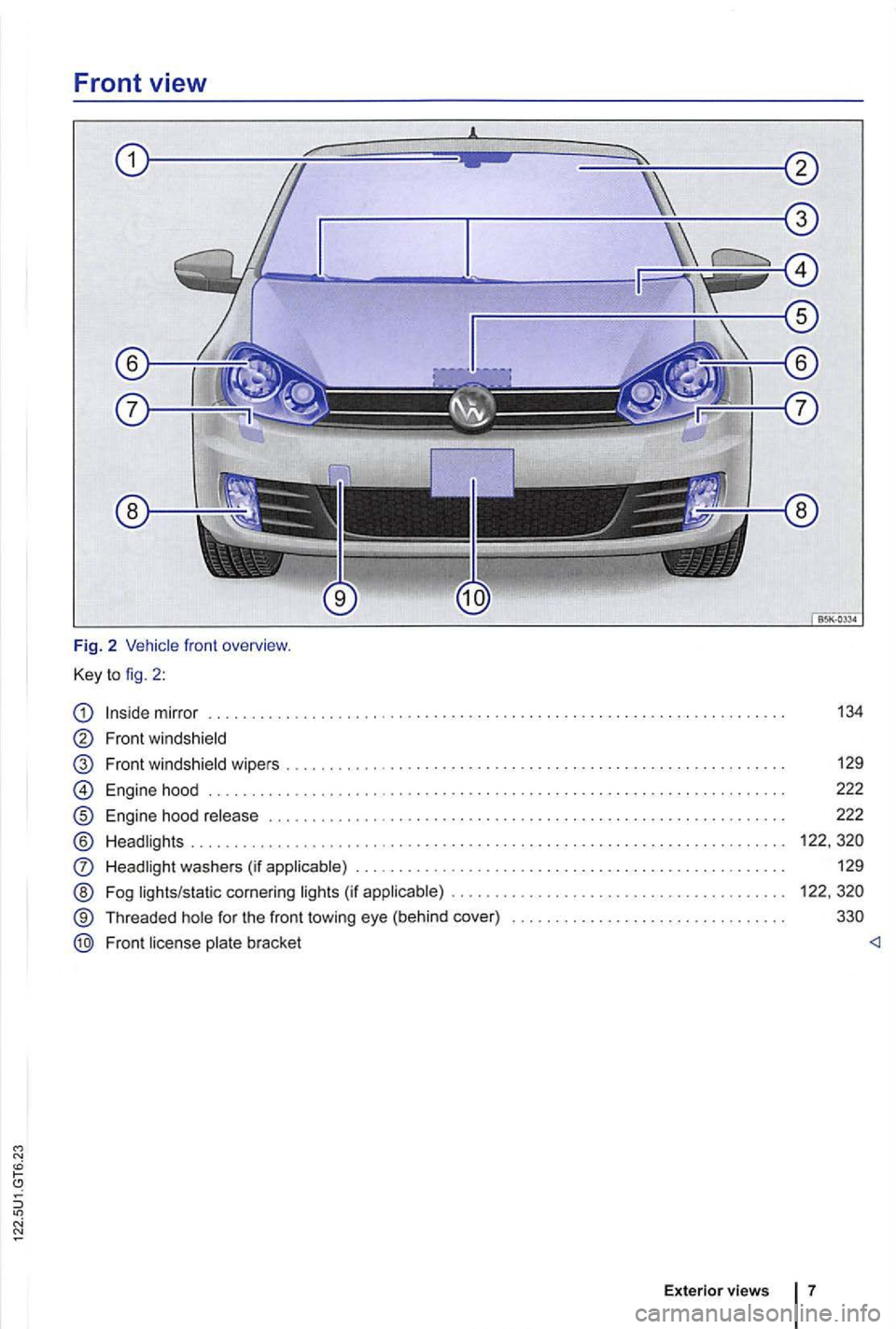 VOLKSWAGEN GOLF 2012  Owners Manual Front view 
Fig. 2 
mirr or 
Front  windshield 
Front  win dshie ld  wipers 
® 
® @ 
Engine  hood 
Engine hood ..........••..• ......... ........ .. ......................... 
Headl ights ....