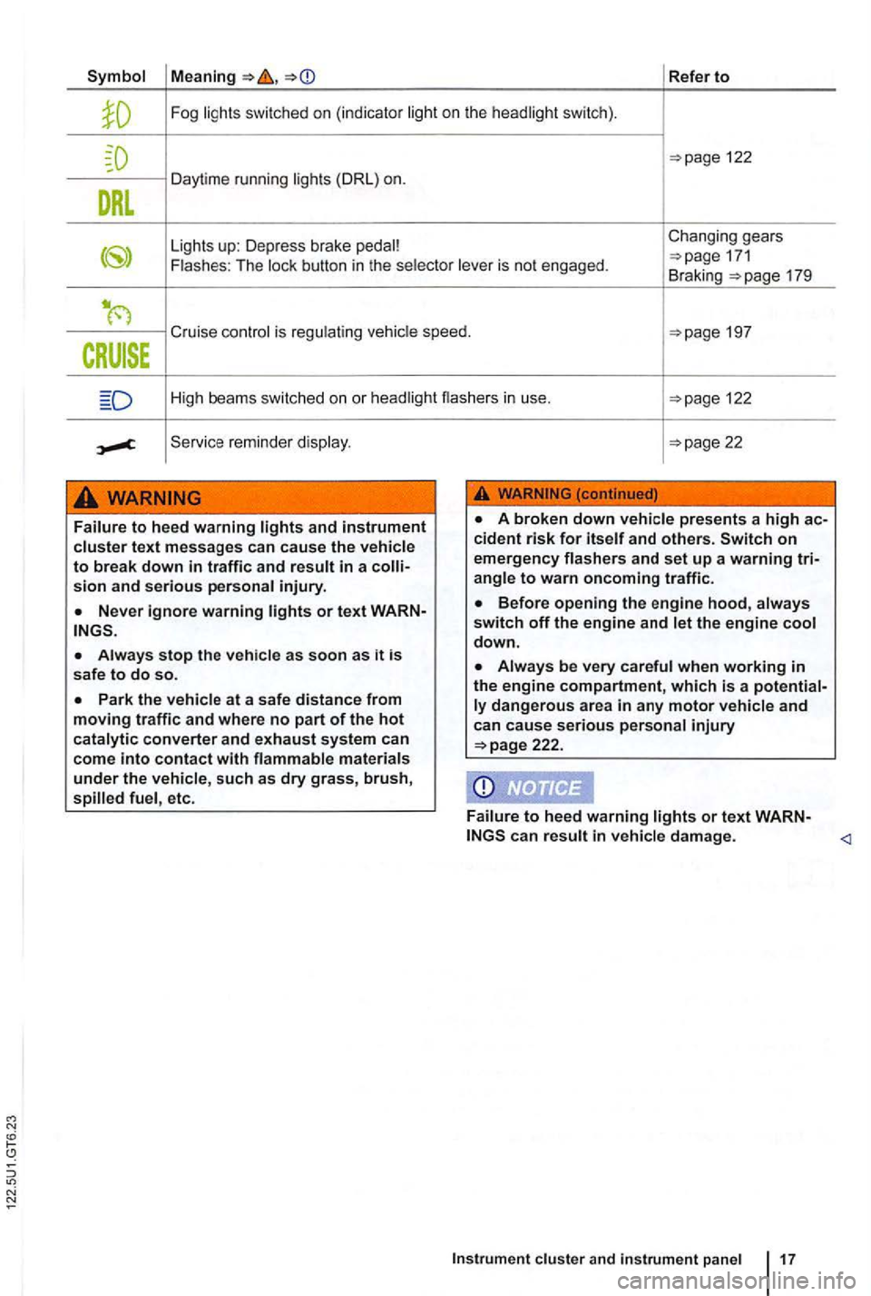 VOLKSWAGEN GOLF 2012  Owners Manual Refer to 
Fog 
122 
Da ytime  running 
Changing  gears 
button in the is not  engaged . 171 Braking 179 
Cruise is 
High  beams  switched  on or 122 
reminde r 
sion and serious 
as soon as it is safe
