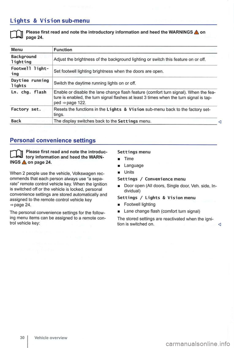 VOLKSWAGEN GOLF 2012  Owners Manual Lights & Vision sub-menu 
on 
the turn  signa l flashes  at 3 times  when  the turn  signal is tap-ped 122. 
Factory set. Resets  the functions in the Lights & Vision sub-menu  back to the  factory  s