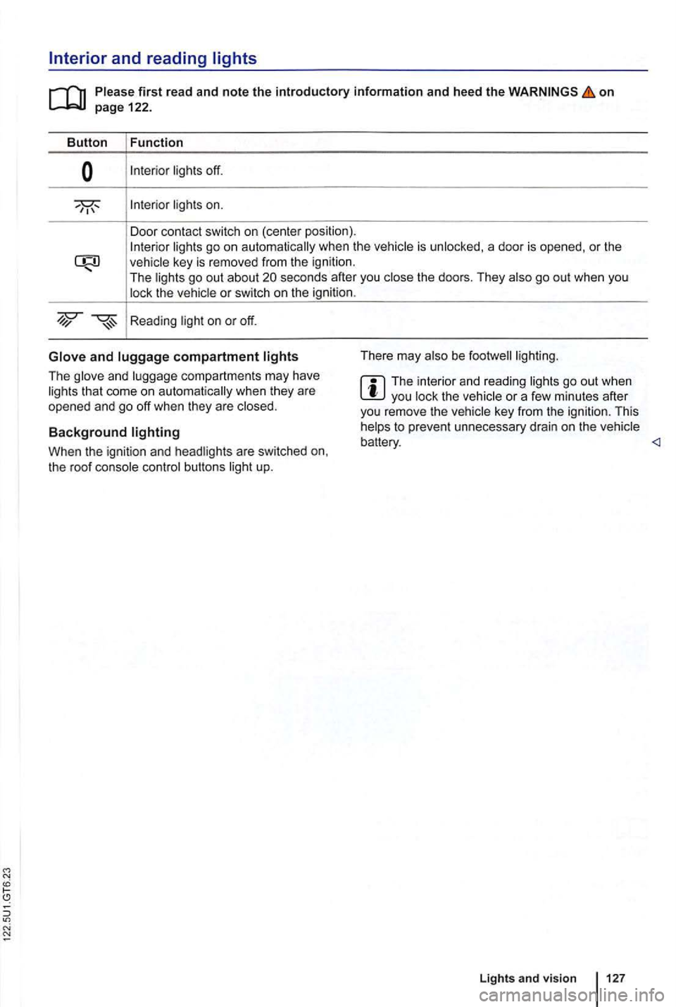 VOLKSWAGEN GOLF 2012  Owners Manual first read and note the introductory information and heed the on 
is 
the  doors . They 
compartment 
The compartments  may have that come  on automatically  when they are 
opened  and go off when  th