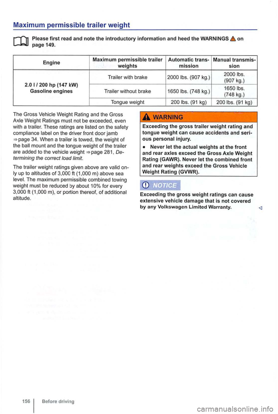 VOLKSWAGEN GOLF 2012  Owners Manual Maximum 
first read and note the introductory information  and heed the on 
with brake 
engines (748 kg.) (748 kg. ) 
Tongue  weight 
(91 kg) 
The  Gross 
These ratings are 
is the  weight of the moun
