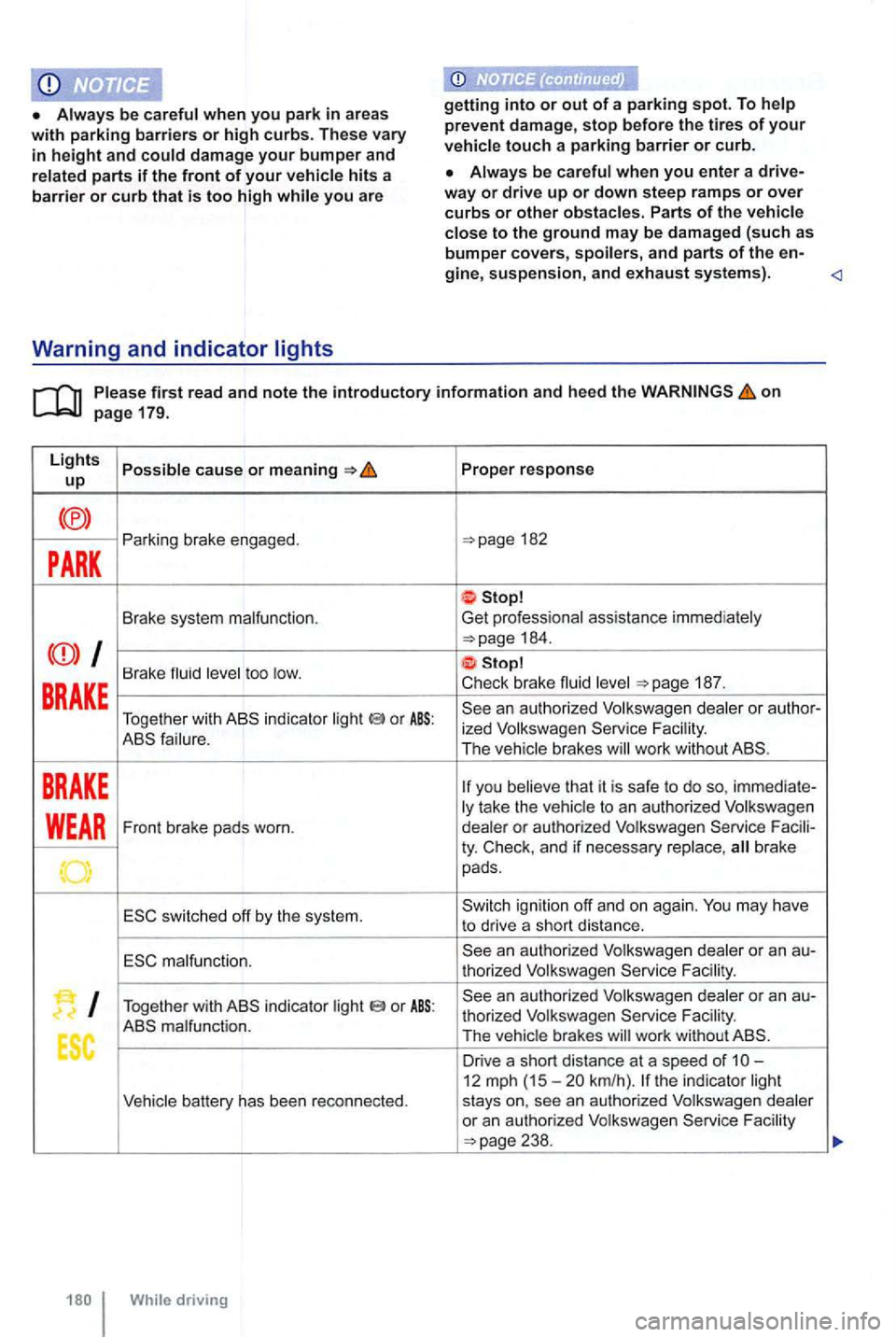 VOLKSWAGEN GOLF 2012  Owners Manual you are 
prevent dam age,  stop before the tires of yo u r 
v ehicle touc h  a  parking bar rier or curb. 
on page  179. 
Lights 
Possible cause or me aning Prope r re s ponse up 
<®> Parking  brake 
