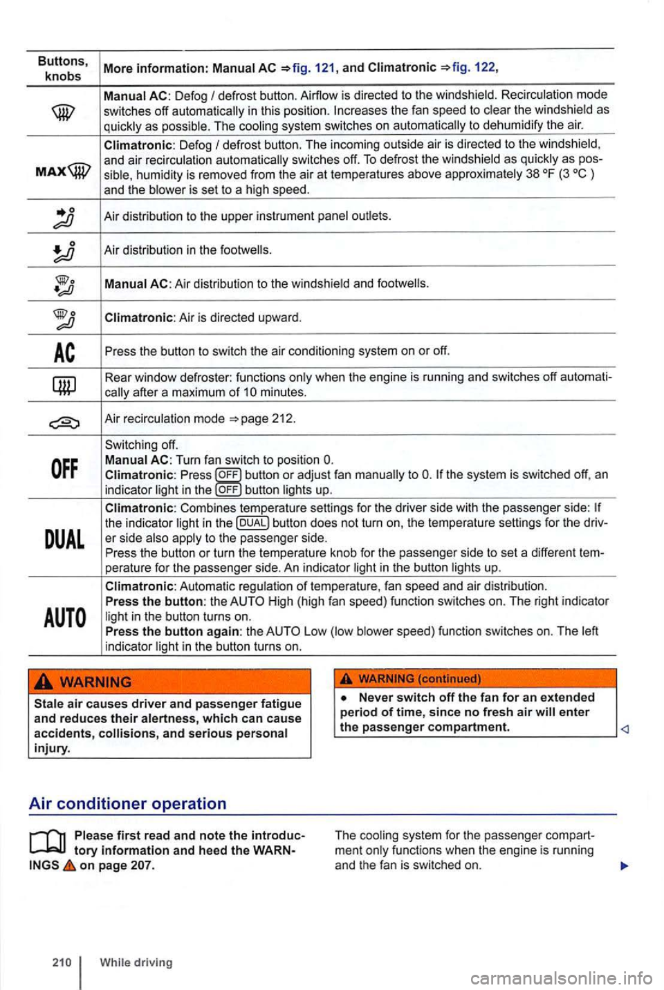 VOLKSWAGEN GOLF 2012 Owners Manual Buttons, More information: AC 121, and 122,
knobs
defrost button. Airflow is direc ted to the windshield. Recirc u lation mode switches off autom atically in thi s position. th e w indshie ld VOLKSWAGEN GOLF 2012 Owners Manual Buttons, More information: AC 121, and 122,
knobs
defrost button. Airflow is direc ted to the windshield. Recirc u lation mode switches off autom atically in thi s position. th e w indshie ld