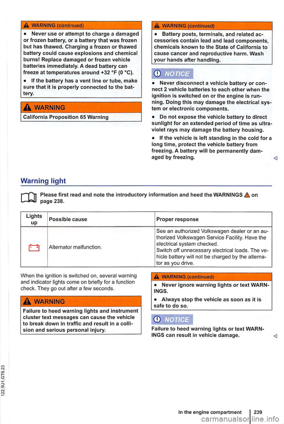 VOLKSWAGEN GOLF 2010  Owners Manual California Proposition 65 Warning 
nect 2 vehicle batteries to each other when the ignition is switched on or the engine is 
tem or electronic components. 
violet rays  may damage the  battery housing